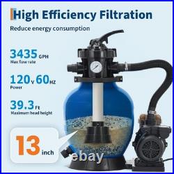 13 Sand Filter Pump System 3/4HP 3435 GPH for Above Ground Pools 7-Ways Valve