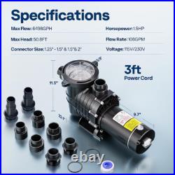 Swimming Pool Pump 1.5HP 2.0HP Self-Priming for In/Above Ground Pools withStrainer